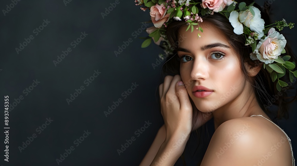 Woman with Floral Headpiece: A woman wearing a delicate floral headpiece, looking pensively to the side.
Woman with Floral Headpiece: A woman wearing a delicate floral headpiece, looking pensively to the side.