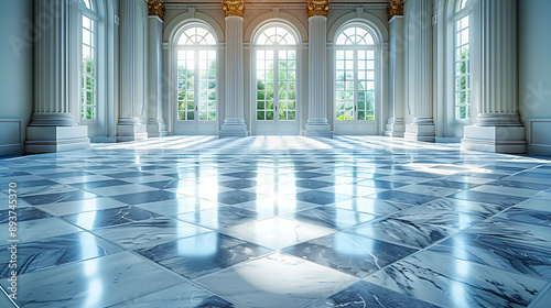 Spacious, elegant hall with large arched windows, marble floors, and classical columns illuminated by natural light; ideal for architectural exhibits, luxury real estate listings photo