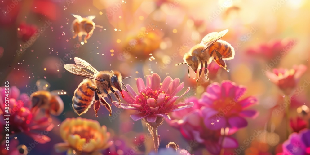 Fototapeta premium Vivid depiction of bees pollinating colorful flowers during sunset, highlighting nature's harmony and beauty.