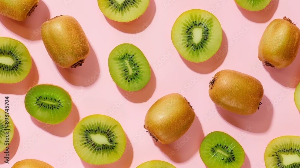Fototapeta premium A colorful pattern of whole and sliced kiwis, with alternating green and golden varieties, high-resolution photo, realistic photo, hyper realistic