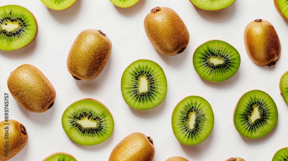 Fototapeta premium A colorful pattern of whole and sliced kiwis, with alternating green and golden varieties, high-resolution photo, realistic photo, hyper realistic