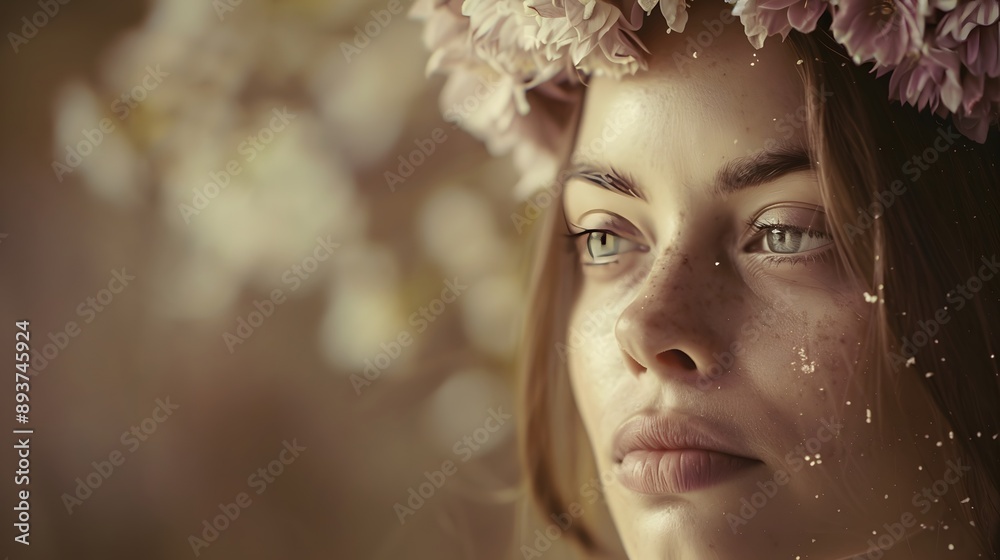 Woman with Floral Headpiece: A woman wearing a delicate floral headpiece, looking pensively to the side.
Woman with Floral Headpiece: A woman wearing a delicate floral headpiece, looking pensively to the side.