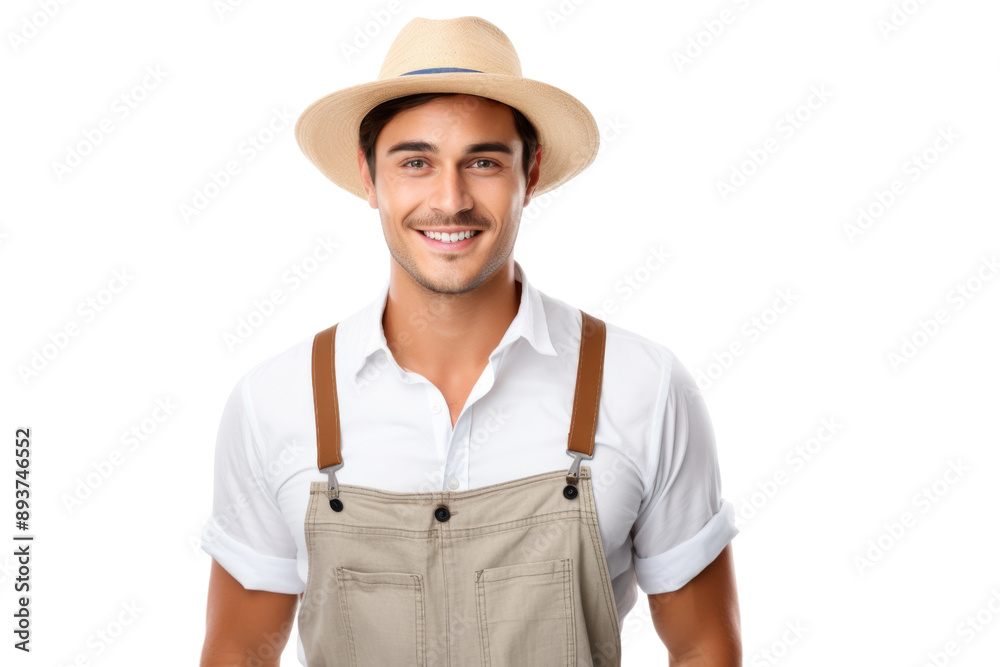 Young farmer in overalls and hat smiling confidently Isolated on white background Young farmer in overalls and hat smiling confidently Isolated on white background