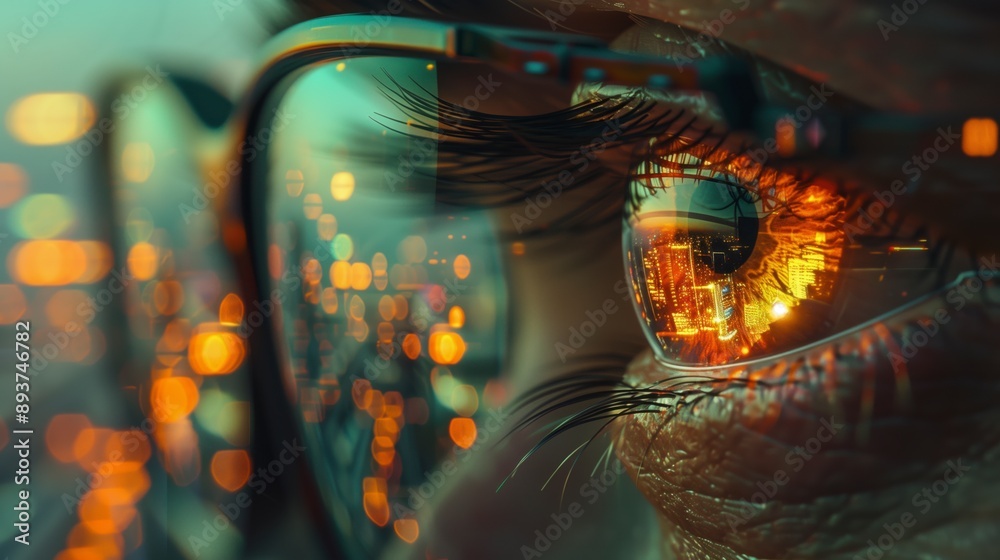 Ojo mirando una ciudad por la noche en el que se reflejan las luces Ojo mirando una ciudad por la noche en el que se reflejan las luces