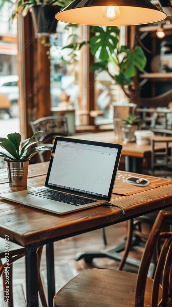 Modern cozy cafe interior with wooden table, laptop, and hanging lamp, creating an inviting atmosphere for remote work or casual meetings.