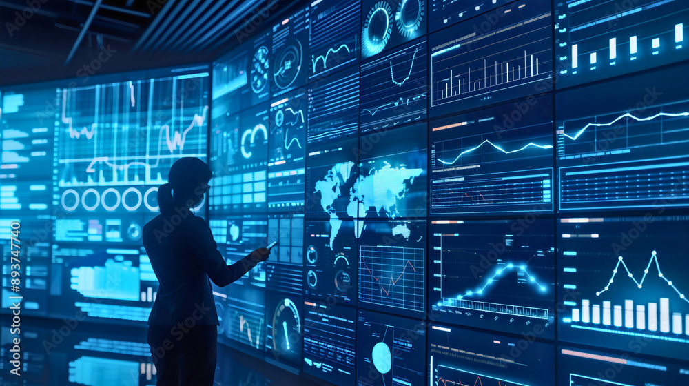 © Stefan - Rearview of young businesswoman standing in front of futuristic digital cyber technology screen with graphs, charts or diagrams displaying information and data, adult woman watching analysis, network.
