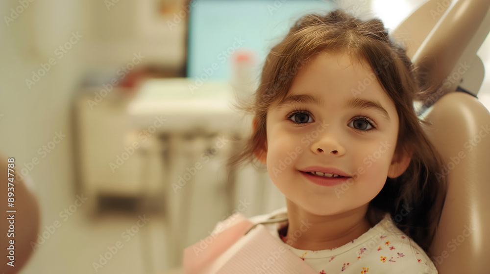 Portrait of young little girl, smiling child with white clear teeth on dental examination, happy kid or excited toddler, female patient, dentist, clinic or hospital, healthcare and medicine Portrait of young little girl, smiling child with white clear teeth on dental examination, happy kid or excited toddler, female patient, dentist, clinic or hospital, healthcare and medicine
