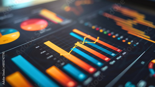 Business analytics and investment, finance stats presented in graphs, bar charts with arrow or trend on digital black background, data of increase and decrease progress or achievement, illustration