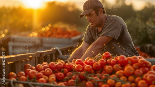 Closeup male farmer picking tomatoes on agriculture field photo