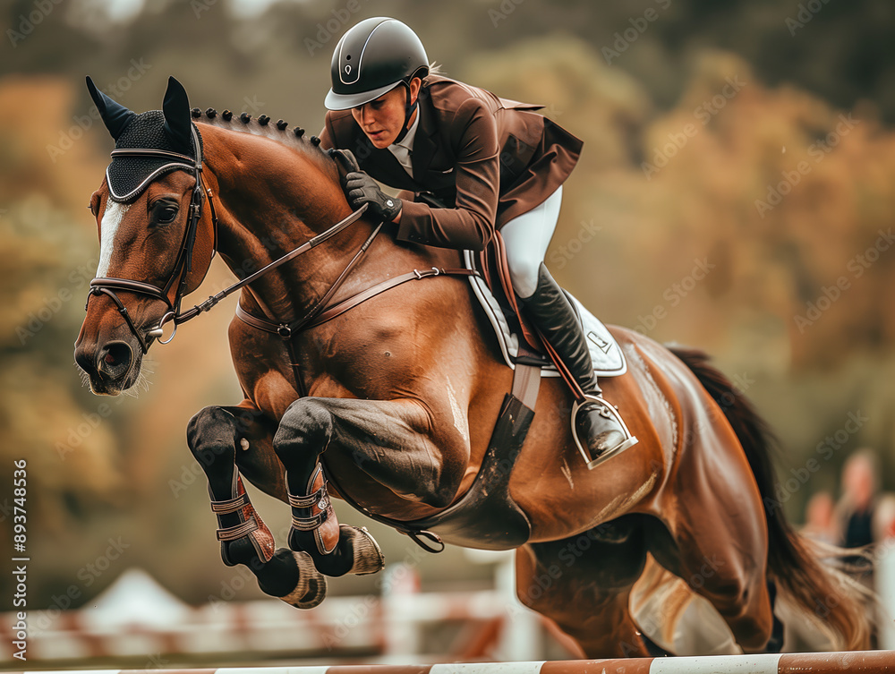Obraz premium Professional equestrian jumping over hurdles on a chestnut horse at an outdoor riding arena