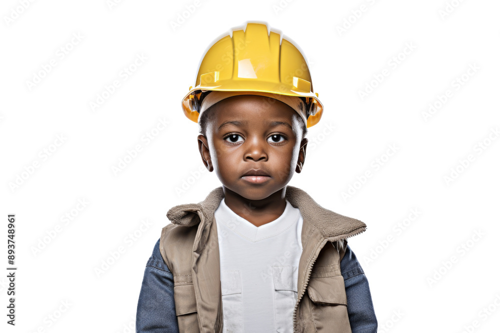 Tiny African child in a hard hat standing in a warehouse looking expectantly Isolated on white background Tiny African child in a hard hat standing in a warehouse looking expectantly Isolated on white background