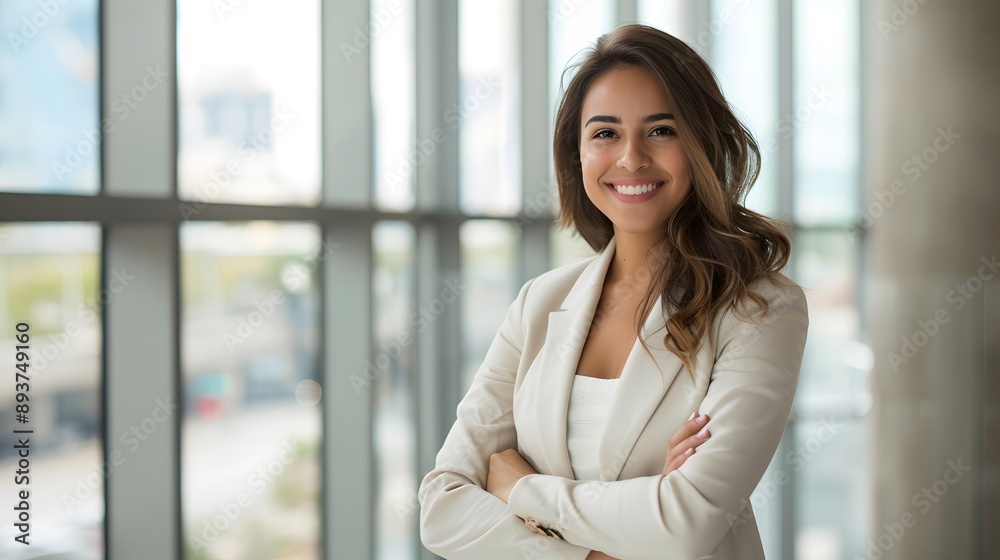 Woman in Business Attire: A confident woman in professional business attire, smiling against a modern office backdrop.
Woman in Business Attire: A confident woman in professional business attire, smiling against a modern office backdrop.