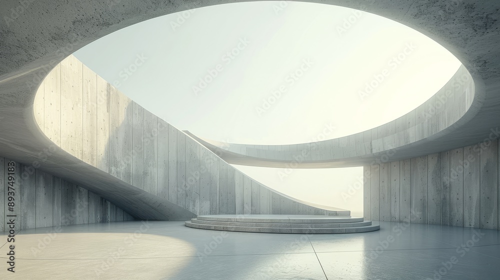 Obraz premium A circular stage in a minimalist concrete room with a circular opening to the sky