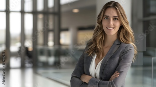 Woman in Business Attire: A confident woman in professional business attire, smiling against a modern office backdrop. 