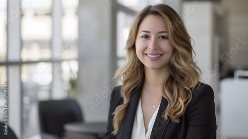 Woman in Business Attire: A confident woman in professional business attire, smiling against a modern office backdrop. 