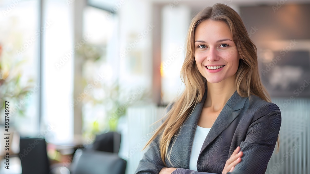 © sarana - Woman in Business Attire: A confident woman in professional business attire, smiling against a modern office backdrop.