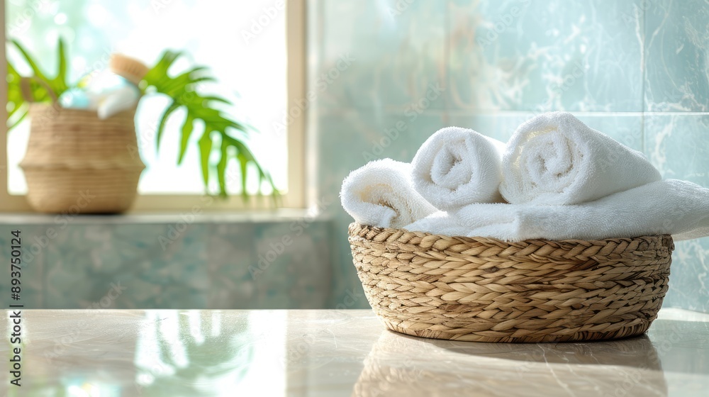 Towel basket on bathroom table. Text space available Towel basket on bathroom table. Text space available