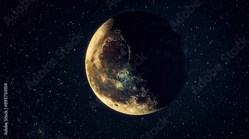 A realistic photo of a crescent moon and star against the night sky.