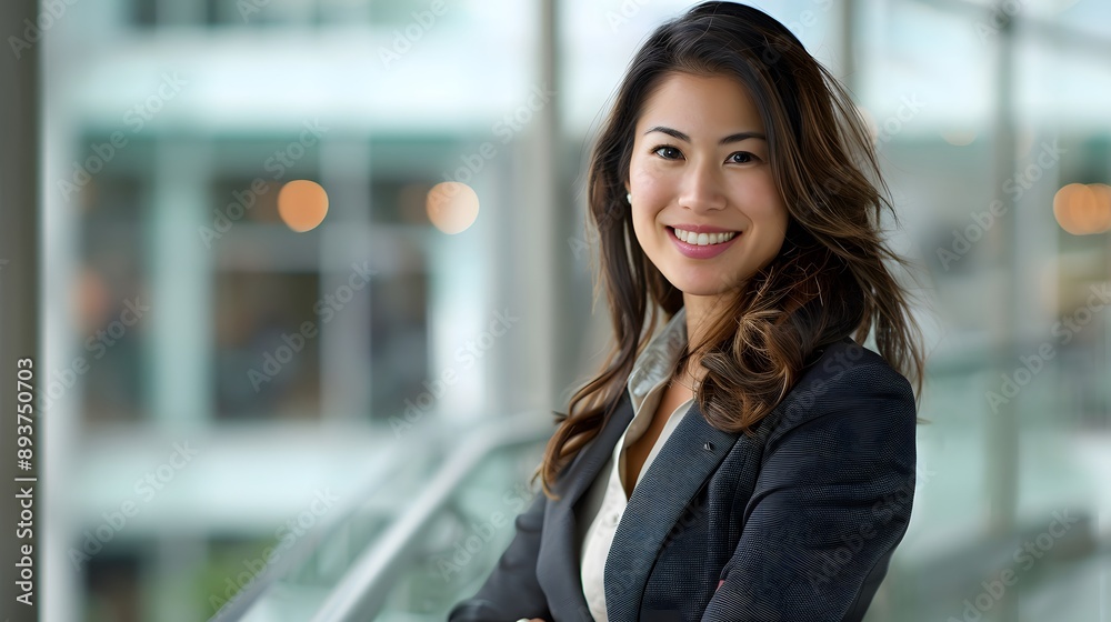 Naklejka premium Woman in Business Attire: A confident woman in professional business attire, smiling against a modern office backdrop. 