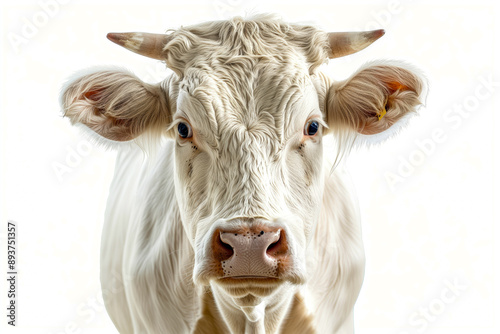 Charolais white cow, beef cattle, front view portrait isolated on white background