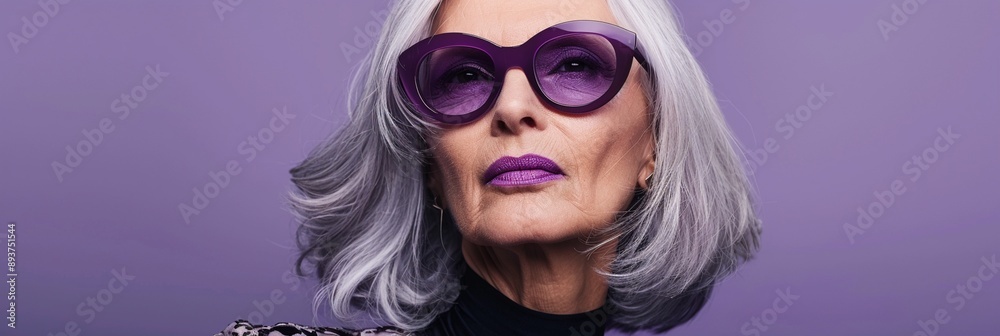 Stylish senior woman with silver hair and purple sunglasses exudes confidence against a matching lavender background, embodying ageless elegance and bold fashion sense. Stylish senior woman with silver hair and purple sunglasses exudes confidence against a matching lavender background, embodying ageless elegance and bold fashion sense.