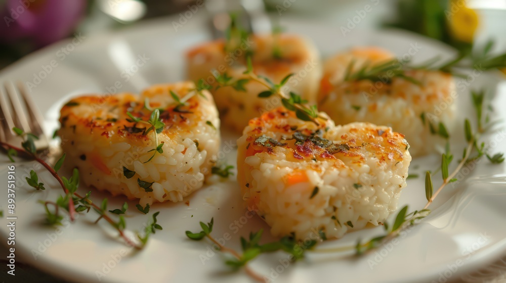 A heartwarming photograph of heart-shaped risotto cakes A heartwarming photograph of heart-shaped risotto cakes