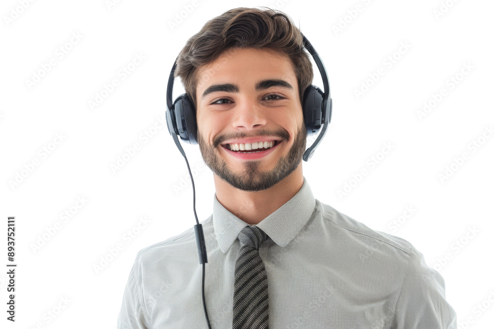 Smiling young male customer service agent with headset, wearing a tie, isolated on white background Smiling young male customer service agent with headset, wearing a tie, isolated on white background