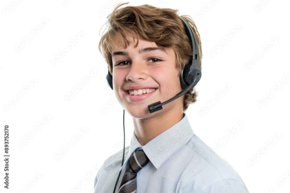 Smiling young male customer service agent with headset, wearing a tie, isolated on white background