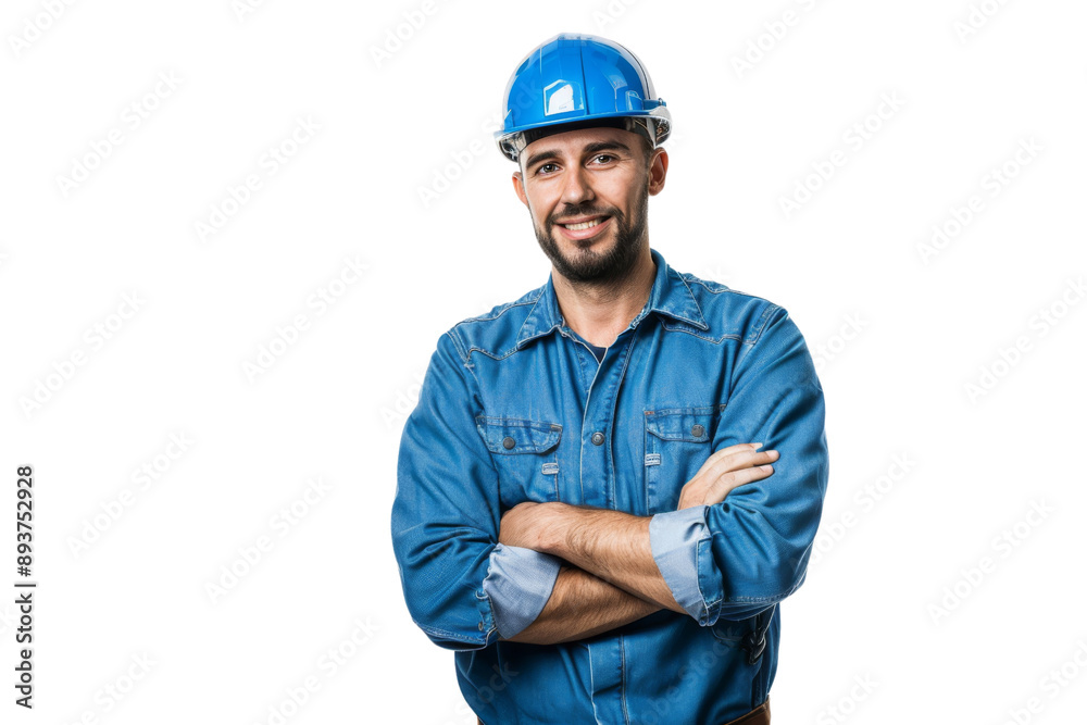 Smiling male engineer with crossed arms, wearing a blue shirt and hard hat, isolated on white background Smiling male engineer with crossed arms, wearing a blue shirt and hard hat, isolated on white background
