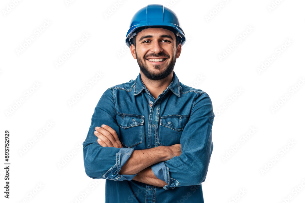 Smiling male engineer with crossed arms, wearing a blue shirt and hard hat, isolated on white background