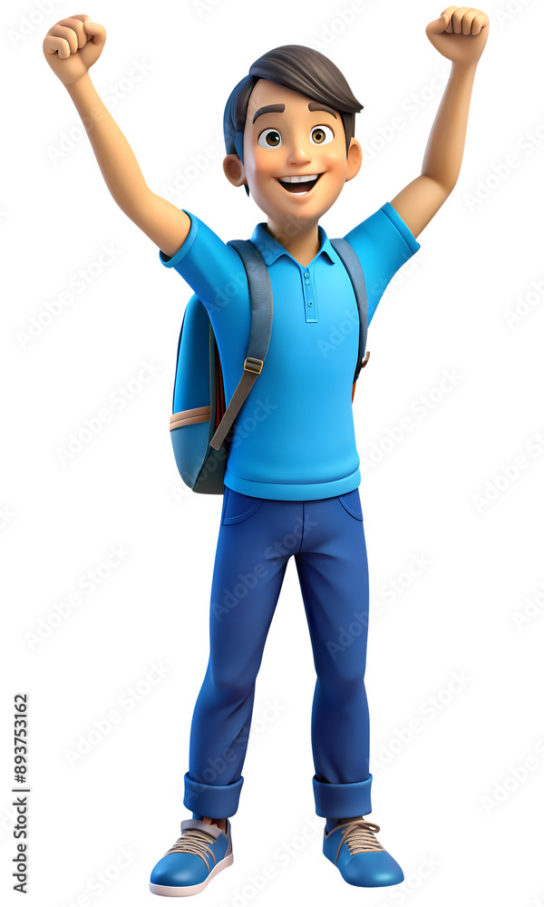 Fototapeta premium Happy Animated Boy with Backpack Celebrating