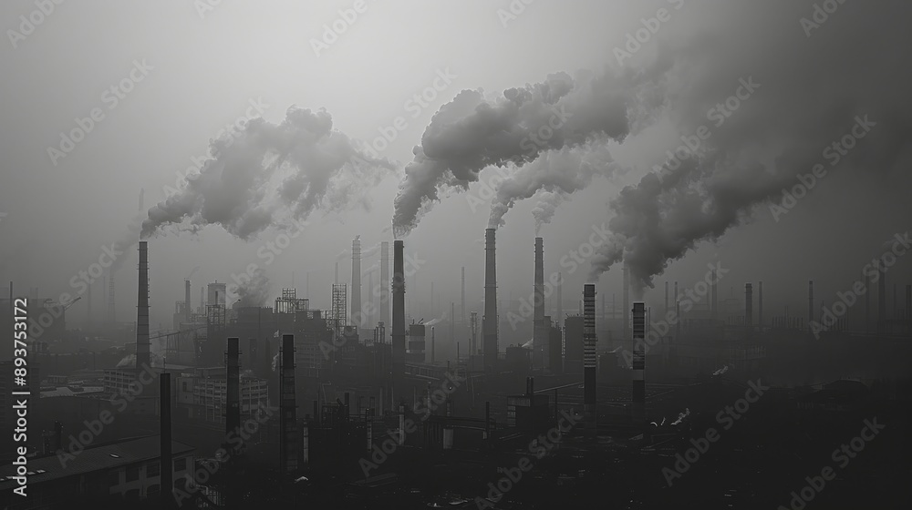 Obraz premium A black and white photograph of a hazy urban skyline with tall chimneys emitting smoke from a factory complex