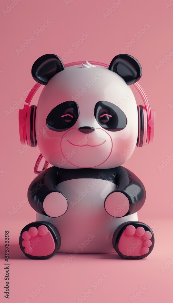 Naklejka premium Smiling Panda Wearing Pink Headphones