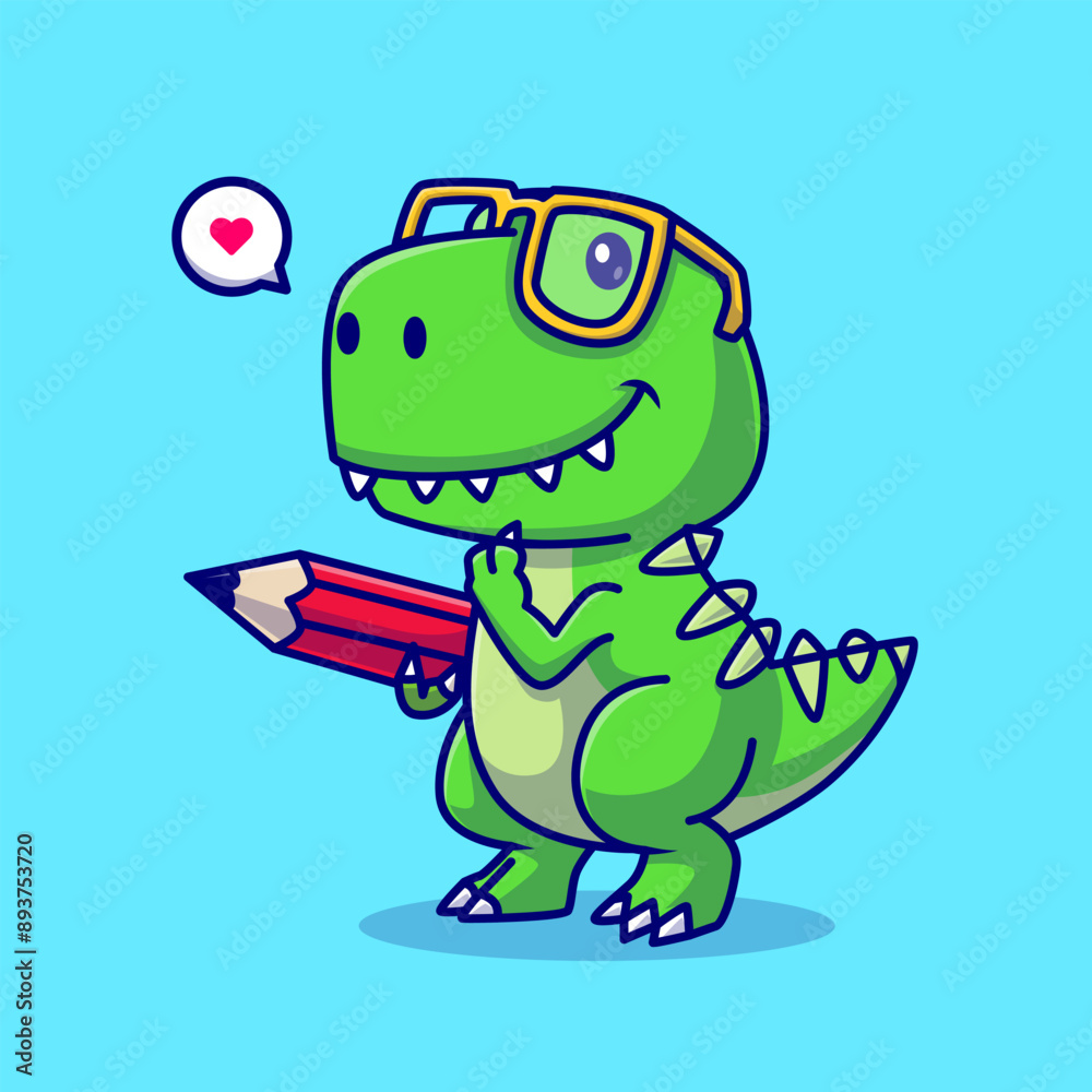 Fototapeta premium Cute Dinosaur Holding Pencil Cartoon Vector Icon Illustration. Animal Education Icon Concept Isolated Premium Vector. Flat Cartoon Style