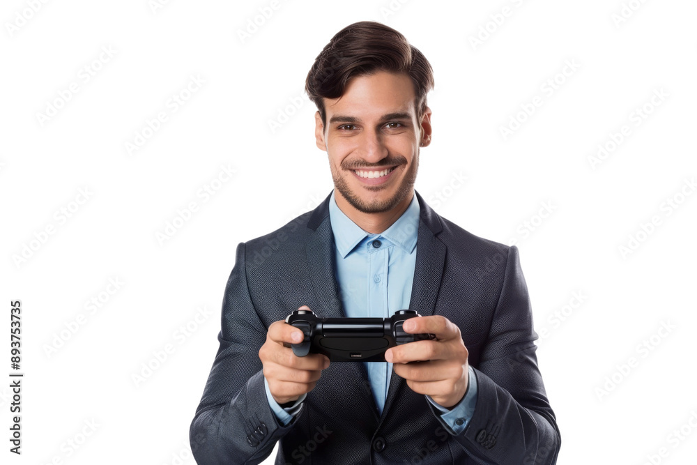 Smiling corporate professional enjoying a handheld video game, isolated on white background Smiling corporate professional enjoying a handheld video game, isolated on white background