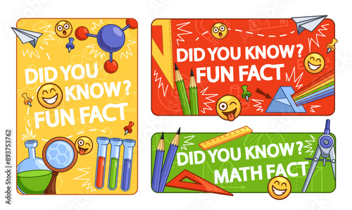 Colorful Fun Fact Posters With Engaging Illustrations Related To Science And Math. Cartoon Vector Banners For Education