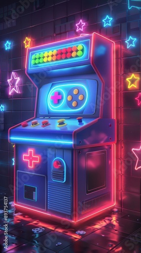 A vibrant arcade game machine illuminated with neon lights, set against a backdrop of colorful stars, perfect for retro gaming themes.