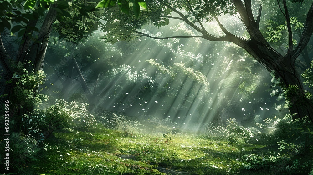 Obraz premium Sunlight Filtering Through Dense Green Forest Canopy