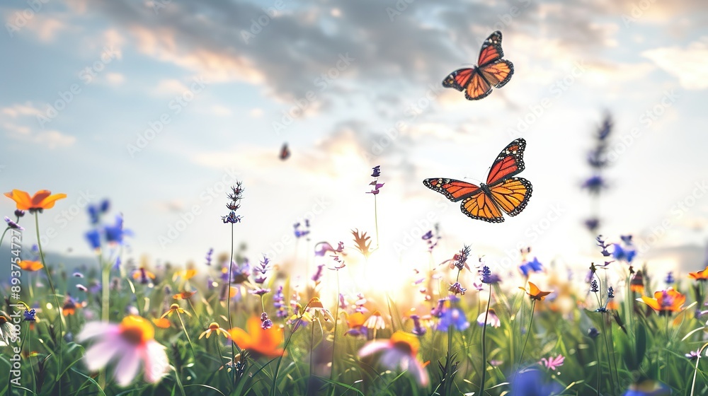 Two Monarch Butterflies Flying Over a Field of Wildflowers at Sunset Two Monarch Butterflies Flying Over a Field of Wildflowers at Sunset