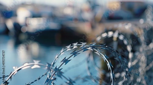 Focusing on sharp razor blade points barbed wire coil with blurry marina and boatyard photo