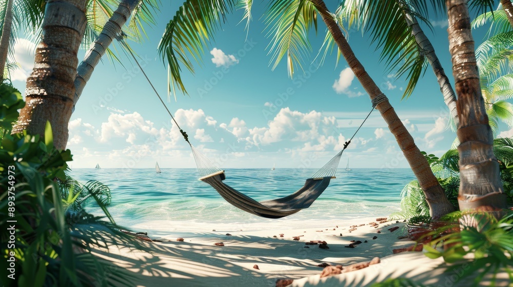 Fototapeta premium Tropical Bliss Hammock Swinging Between Palm Trees on SunKissed Beach