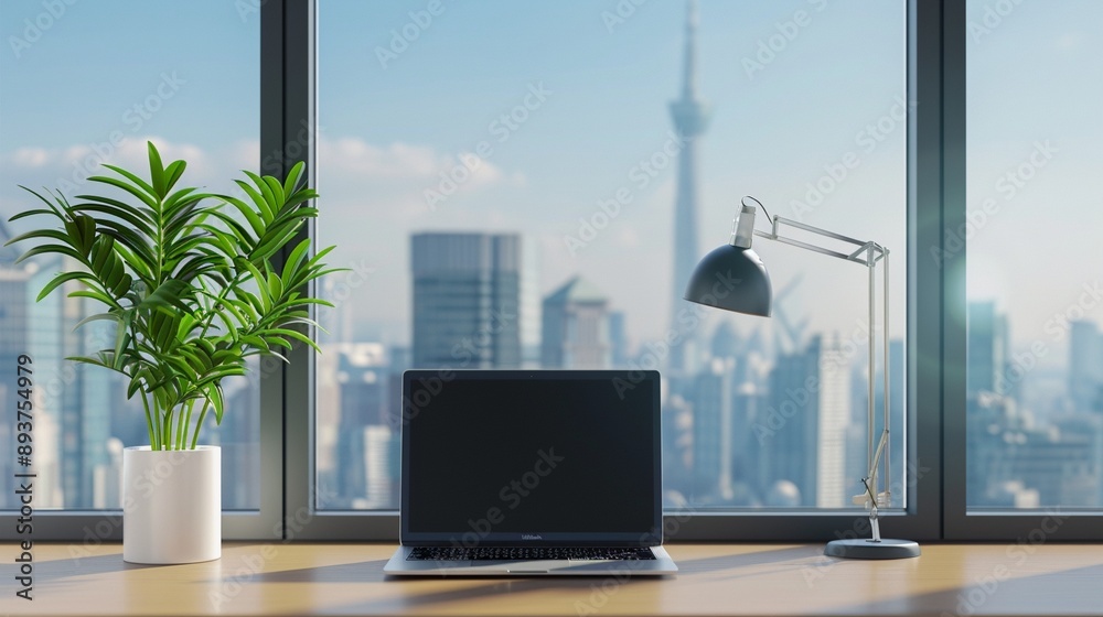 Modern workspace with laptop and plant on desk overlooking city skyline through large windows, blending productivity with urban inspiration. Modern workspace with laptop and plant on desk overlooking city skyline through large windows, blending productivity with urban inspiration.