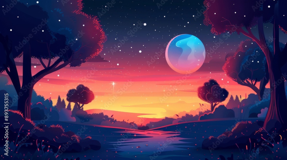 Fototapeta premium A Serene Nighttime Landscape with a Vibrant Moon and Sparkling Stars