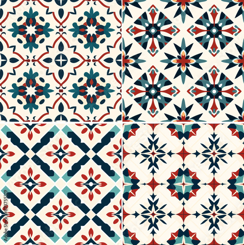 Wallpaper Mural Set of tiles seamless pattern ornament blue and red in Italian, Mexican style. Design for wallpaper, backdrops, textile and fabric, portuguese azulejo or spanish majolica Torontodigital.ca