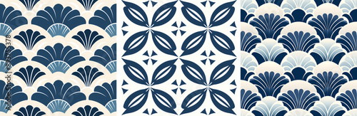 Set of tiles seamless pattern ornament white and blue in Japanese style. Design folk for wallpaper, backdrops, textile and fabric