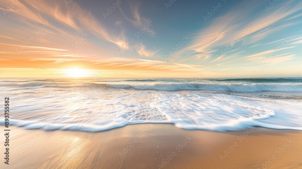 Tranquil Ocean Waves Crashing on Sandy Beach at Sunset