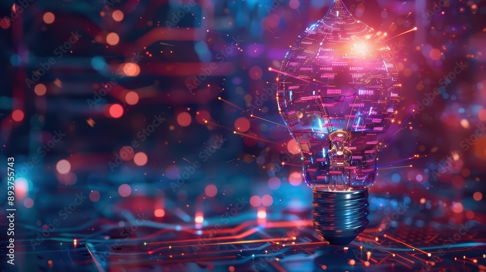 A high-tech photograph featuring a lightbulb with holographic elements and floating data streams A high-tech photograph featuring a lightbulb with holographic elements and floating data streams