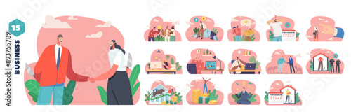 Collection Of Vector Illustrations Or Elements Depicting Business Concepts, Including People Shaking Hands, Meetings