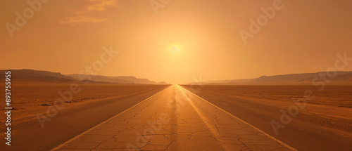 A deserted highway stretching across a barren desert under a scorching sun photo