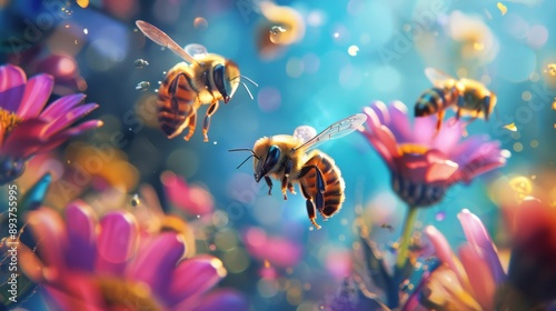 Beautiful bees are pollinating colorful flowers in a dreamy setting, highlighting natures symbiotic relationships photo